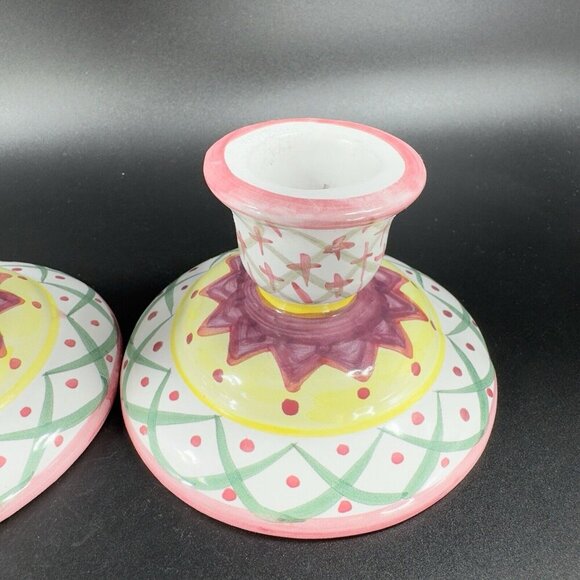 Vintage Painted RedWare Pottery Candle Stick Holder Set 2 Candle Holder VTG - Picture 9 of 12